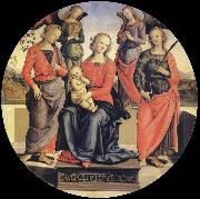 Pietro vannucci called IL perugino The Virgin and the Nino acompanados for two angeles, Holy Rose and Holy Catalina oil on canvas